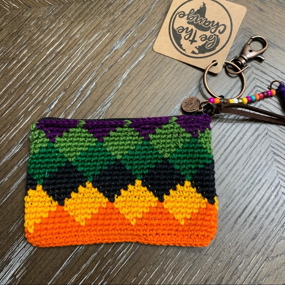 Handmade knitted orange/green wallet/coin bag
